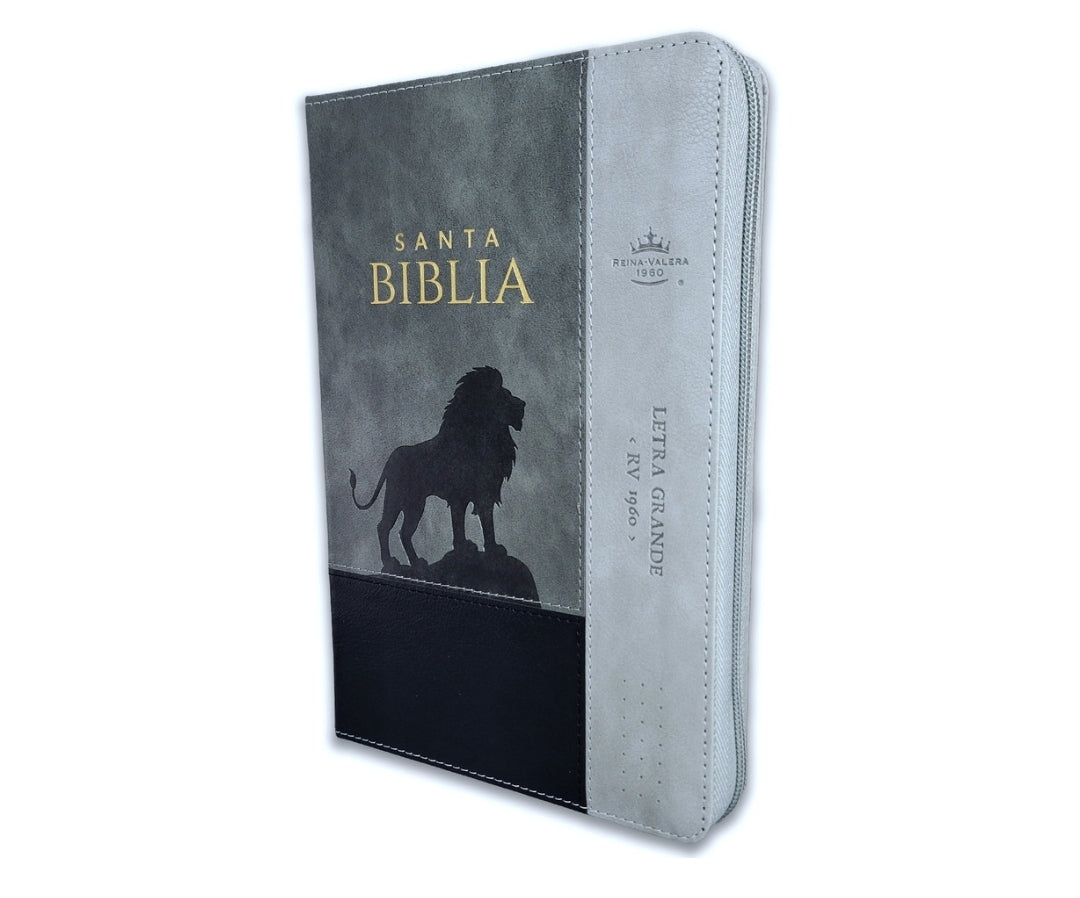 Biblia con Cierre Letra Grande 12 puntos RV1960 imit piel negro y gris león con índice