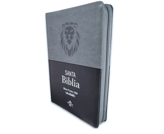 Biblia con Cierre Letra Gigante 15 puntos RV1960 imit piel negro y gris león con índice