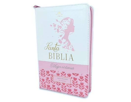 Biblia con Cierre Letra Grande 12 puntos RV1960 imit piel floral rosa y blanco con índice y canto floral - Mujer Virtuosa