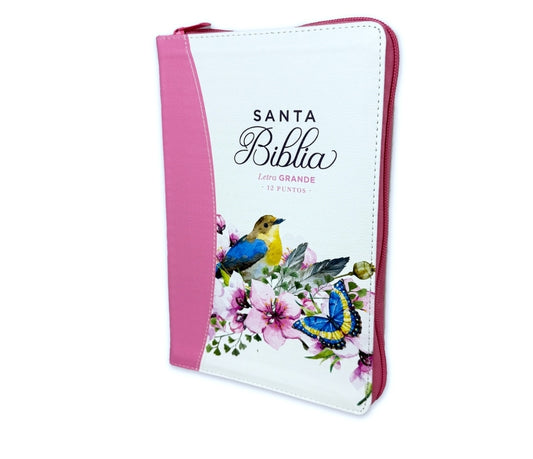 Biblia con Cierre Letra Grande 12 puntos RV1960 imit. piel rosa pajaro floral con índice y canto pintado primaveral rosado