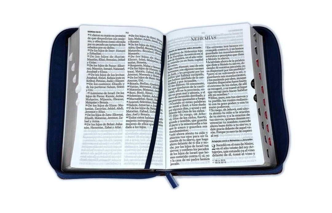 Biblia con Cierre Letra Gigante Manual 14 puntos RV1960 imit duotono azul y café con índice - Examíname, oh Dios