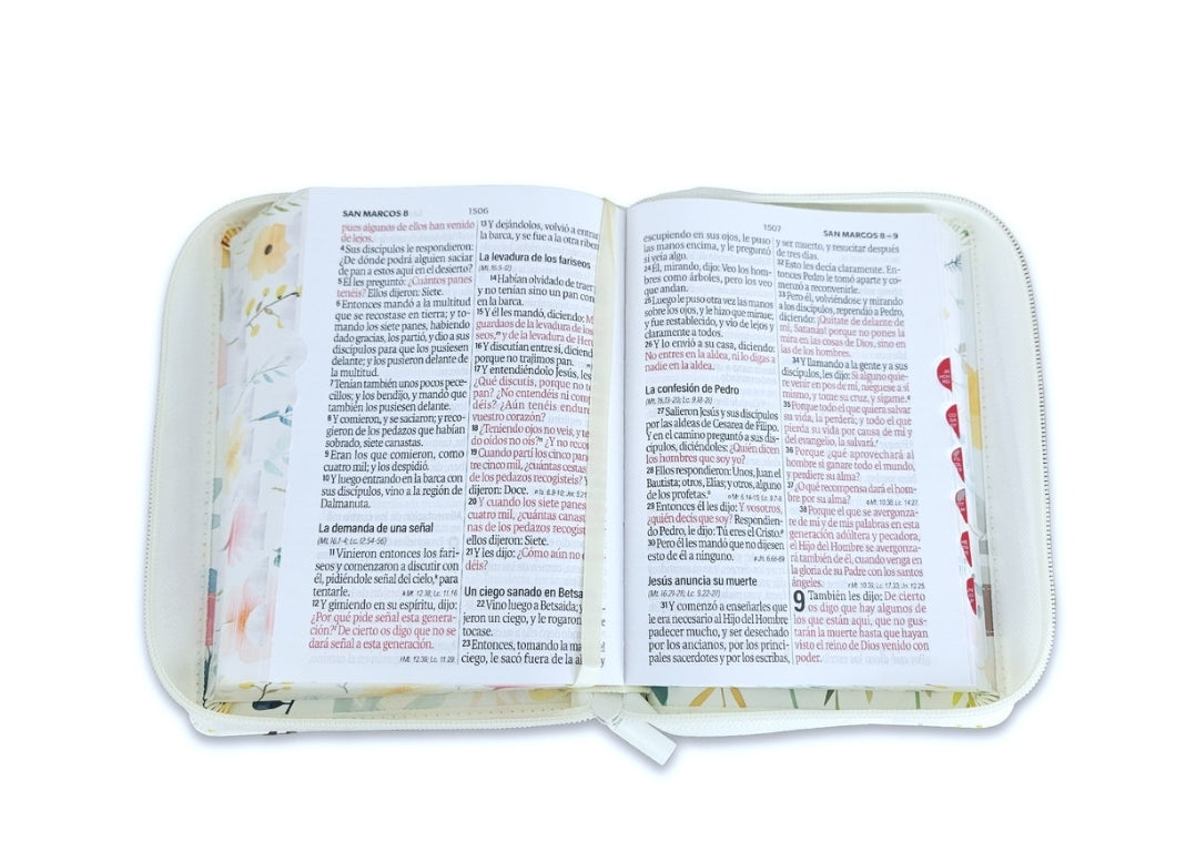 Biblia con Cierre compacta 12 puntos RV1960, imit piel blanco flores con índice y canto floral