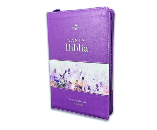 Biblia con Cierre Letra Grande 12 puntos para Mujer RV1960 imit. piel lila floral con índice y canto floral lila