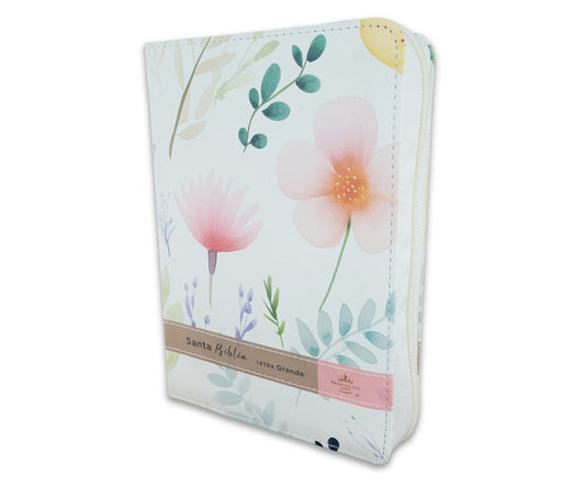 Biblia con Cierre compacta 12 puntos RV1960, imit piel blanco flores con índice y canto floral