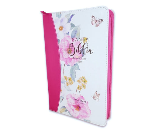 Biblia con Cierre Letra Grande 12 puntos RV1960 imit. floral fucsia con índice
