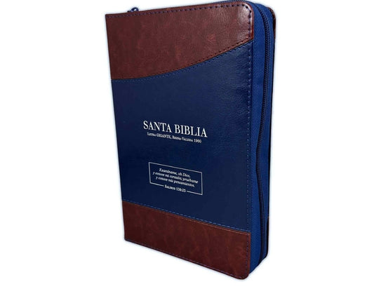 Biblia con Cierre Letra Gigante Manual 14 puntos RV1960 imit duotono azul y café con índice - Examíname, oh Dios