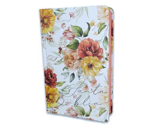 Biblia Tamaño Manual RV1960, tapa dura blanco y coral con canto floral