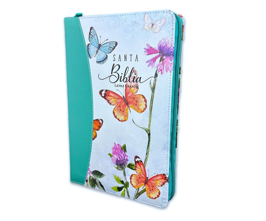 Biblia con Cierre Letra Grande 12 puntos RV1960 imit. piel floral/mariposas turquesa con índice y canto floral