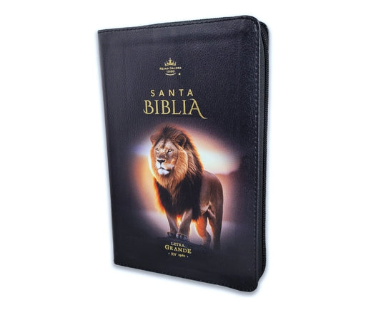 Biblia con Cierre Letra Grande 12 puntos RV1960 imit piel negro león en pie con índice