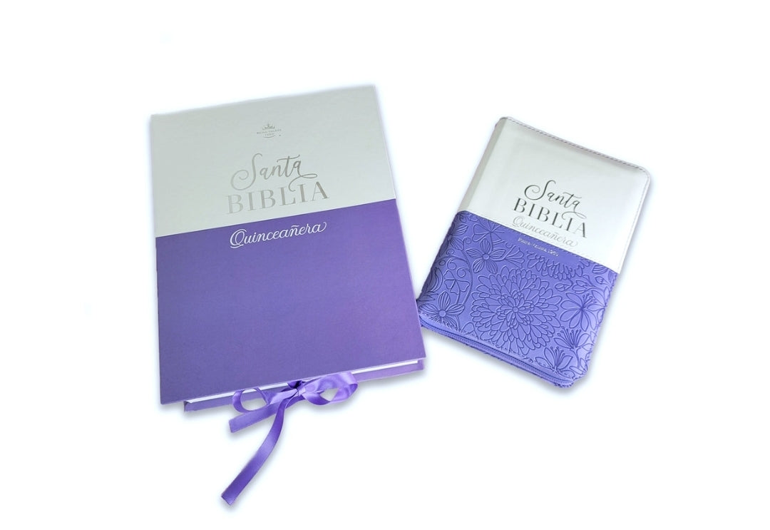 Biblia Quinceañera con Cierre y con Caja de Regalo RV1960 imit. piel lila con índice
