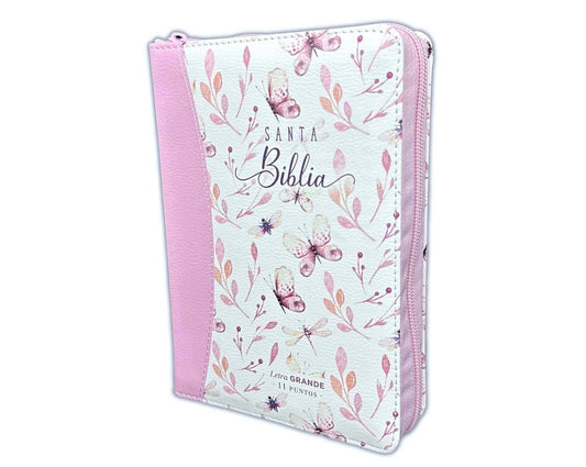 Biblia con Cierre Compacta 11 puntos RV1960 imit piel con canto pintado rosado y mariposas con índice