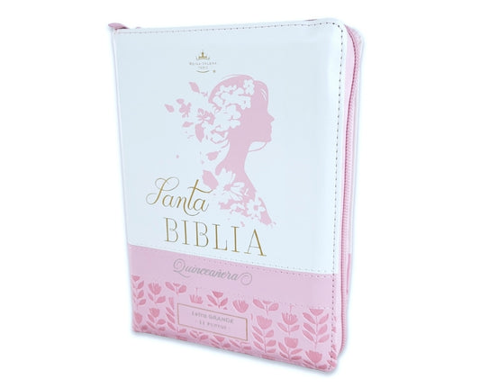 Biblia Quinceañera con Cierre Compacta 11 puntos RV1960, imit piel blanco floral con índice