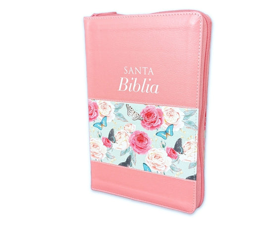 Biblia con Cierre Letra Grande 12 puntos para Mujer RV1960 imit. piel salmon floral con índice y canto mariposa
