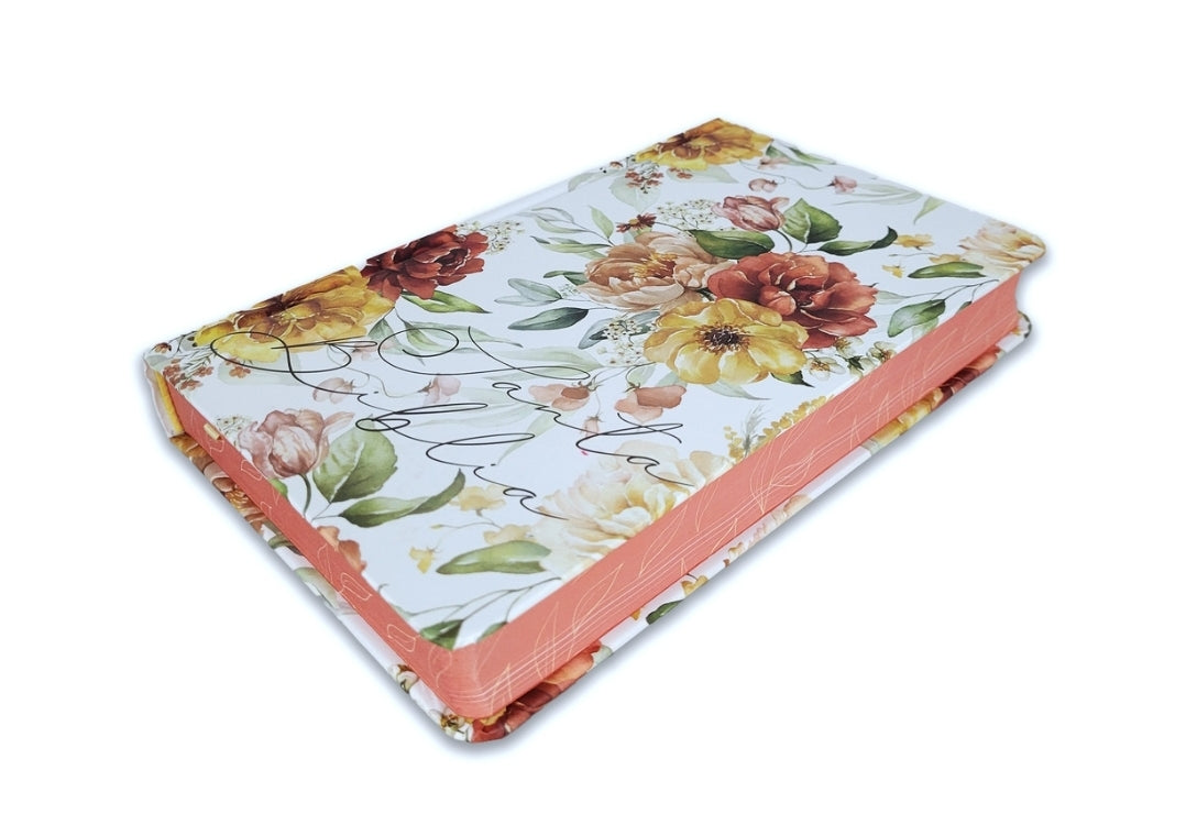 Biblia Tamaño Manual RV1960, tapa dura blanco y coral con canto floral