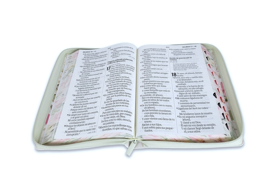 Biblia con Cierre Letra Súper Gigante 19 puntos Mediana RV1960 imit piel flores en primavera con índice y canto floral
