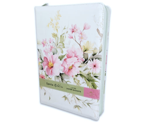 Biblia con Cierre Letra Súper Gigante 19 puntos Mediana RV1960 imit piel flores en primavera con índice y canto floral