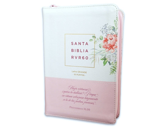 Biblia Mujer Virtuosa con Cierre Compacta 10 puntos RV1960 imit piel blanca floral con índice