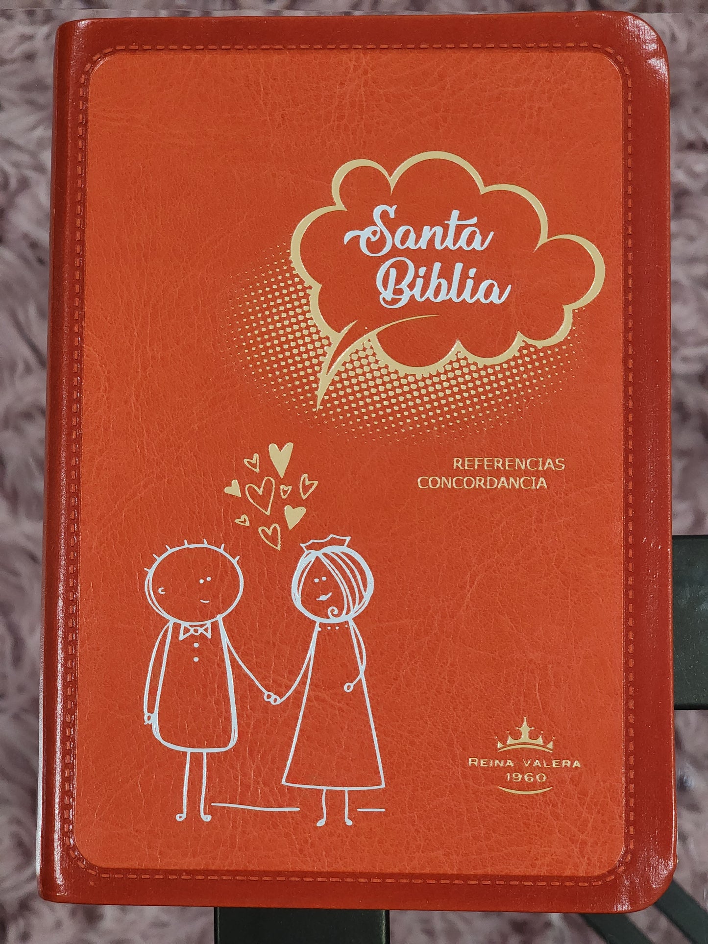 Biblia RV1960 Letra Chica "Pareja", piel fabricada naranja