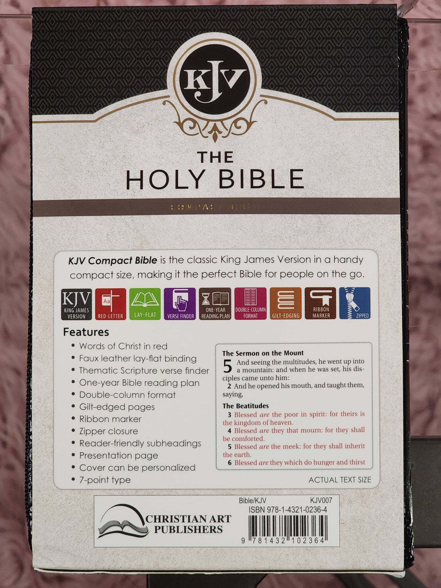 Biblia Inglés KJV compacta, con cierre, piel negra.