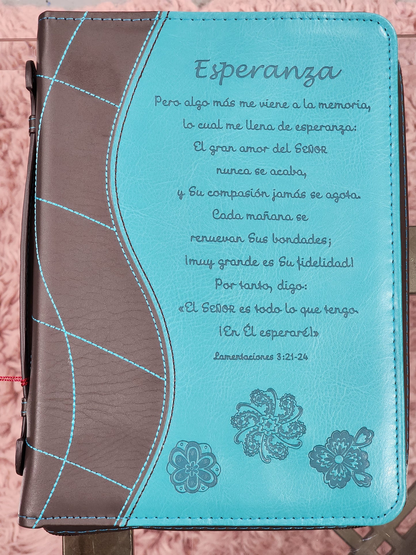 Forro de Biblia Mediano, Esperanza, El Gran Amor del Señor nunca se acaba, Lamentaciones 3:21-24, duotono marrón y turquesa