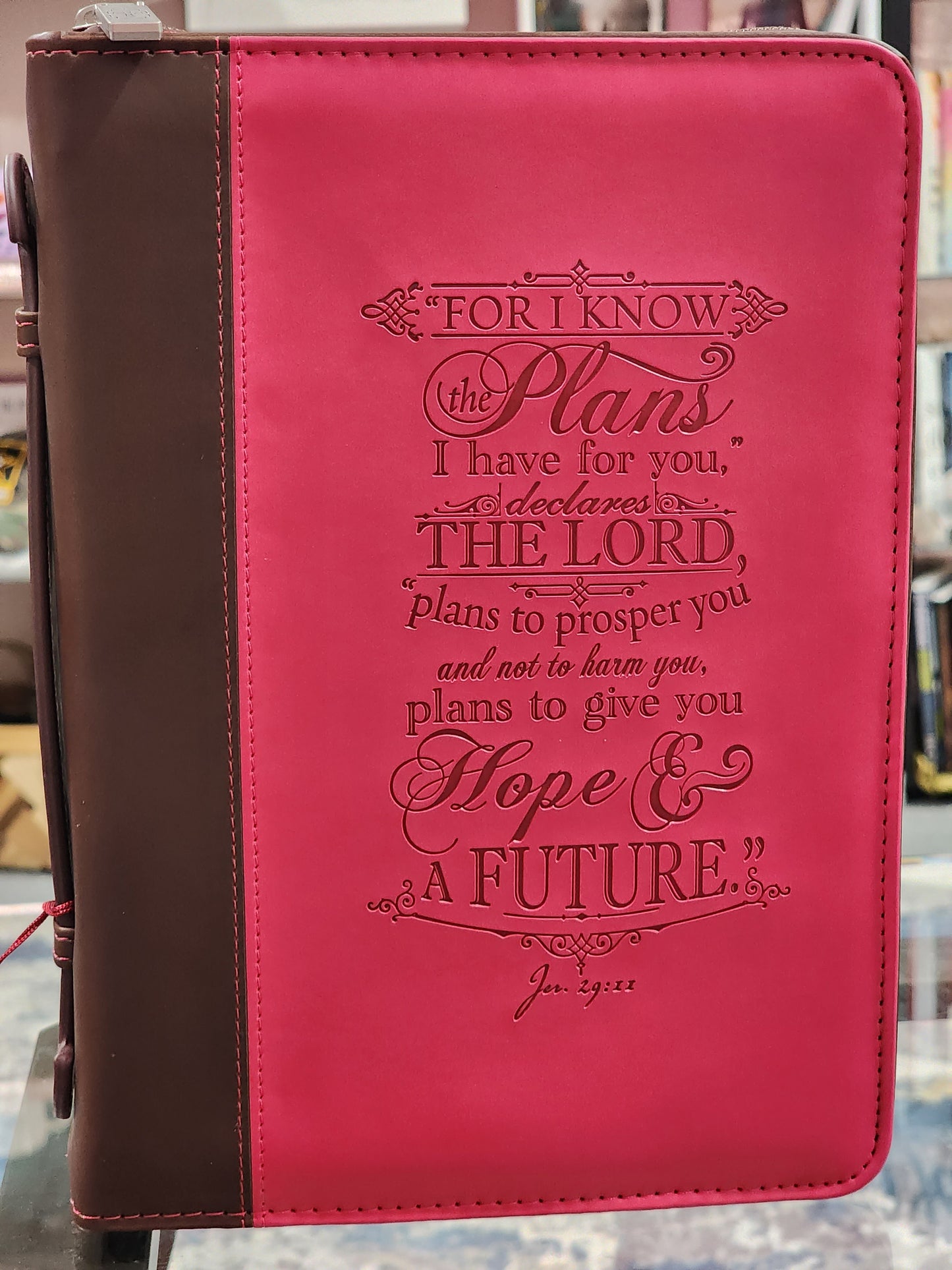 Forro para Biblia Mediano, For I know the plans I have for you declares the Lord, Jeremiah 29:11, luxleather duotone pink and brown