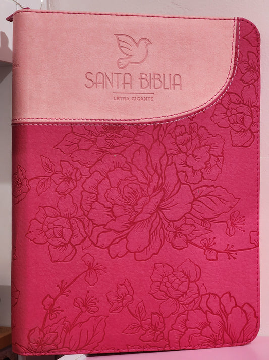 Biblia RV1960 Letra Gigante, con cierre e índice, piel duotono fucsia y rosa