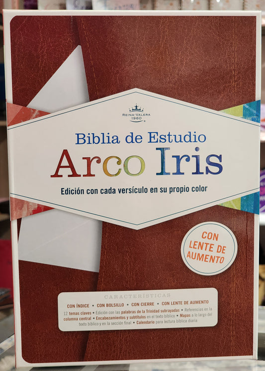 Biblia de Estudio RV1960 Arcoiris, Letra Grande, con cierre e índice y lente de aumento. Piel café.