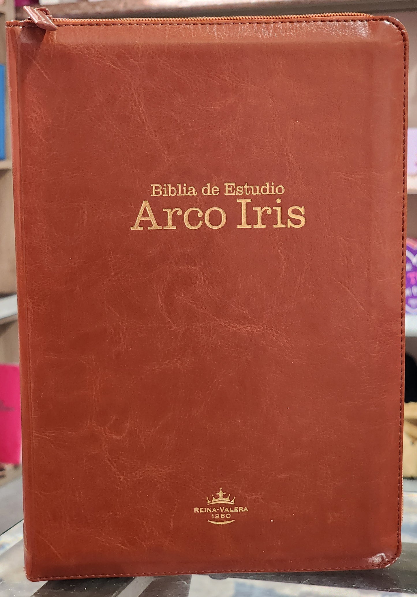 Biblia de Estudio RV1960 Arcoiris, Letra Grande, con cierre e índice y lente de aumento. Piel café.