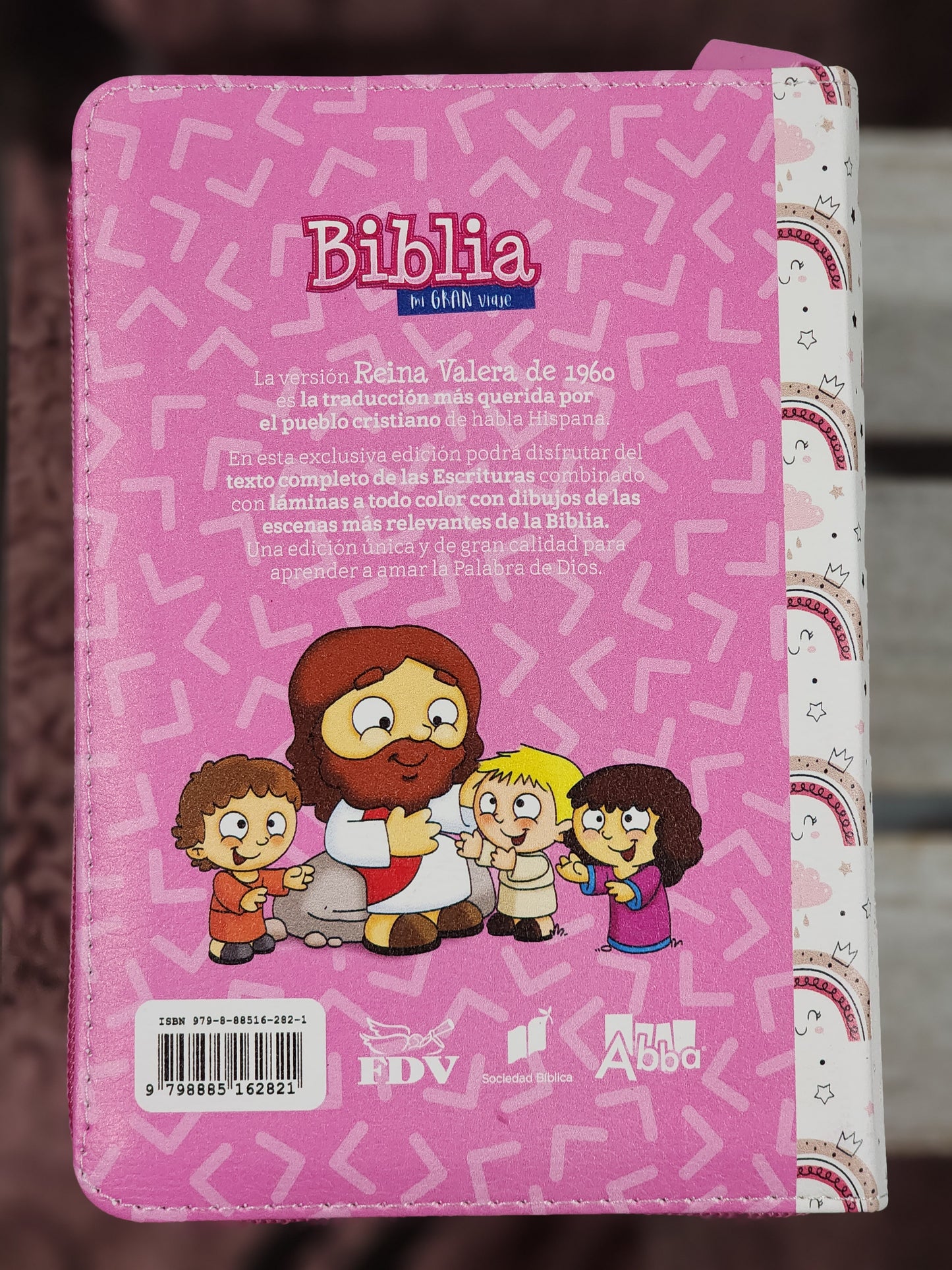 Biblia Infantil "Mi Gran Viaje", con cierre, rosa arcoiris.