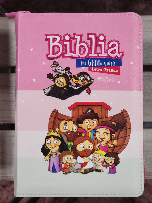 Biblia Infantil "Mi Gran Viaje", con cierre, tricolor rosa.