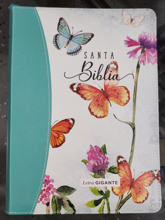 Biblia RV1960 Letra Gigante imit. piel floral/mariposas turquesa con índice y cierre