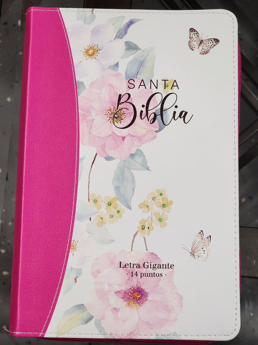 Biblia RV1960 Letra Gigante Manual, imit. piel duotono fiucsa floral mariposas, y cierre