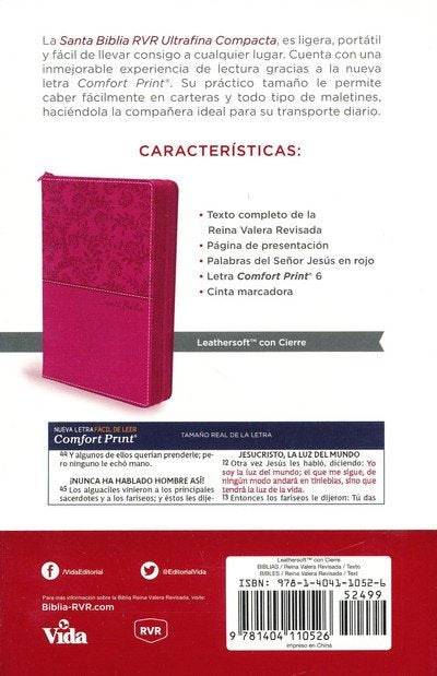 Biblia RV1960 Letra Chica, Ultrafina Compacta con cierre, piel fucsia