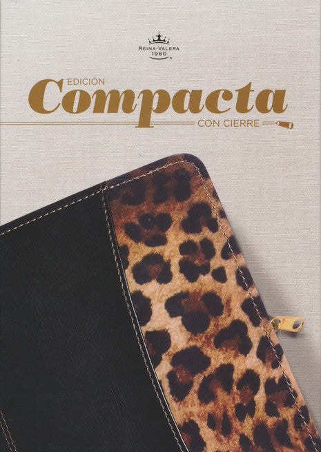 Biblia RV1960 Letra Chica, compacta con cierre, piel negra y leopardo