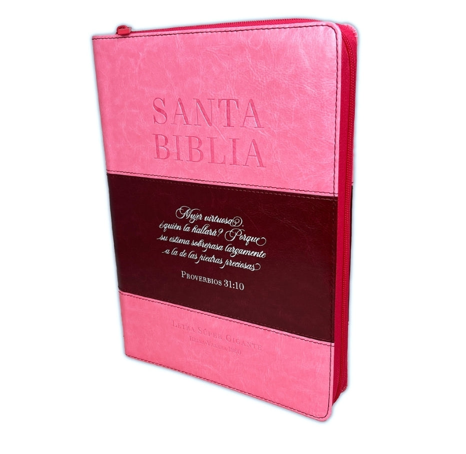 Biblia RV1960 Letra Super Gigante con cierre e índice, piel duotono fucsia - Mujer virtuosa