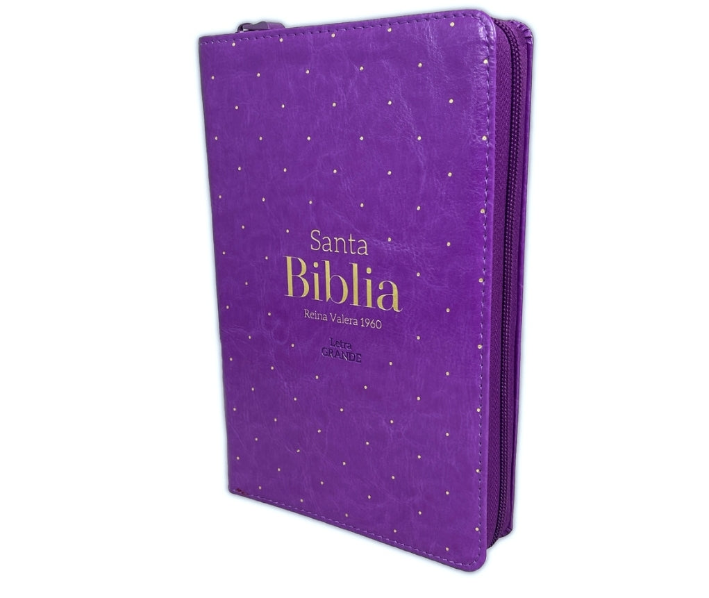 Biblia RV1960 Letra grande con cierre e índice, piel morada.