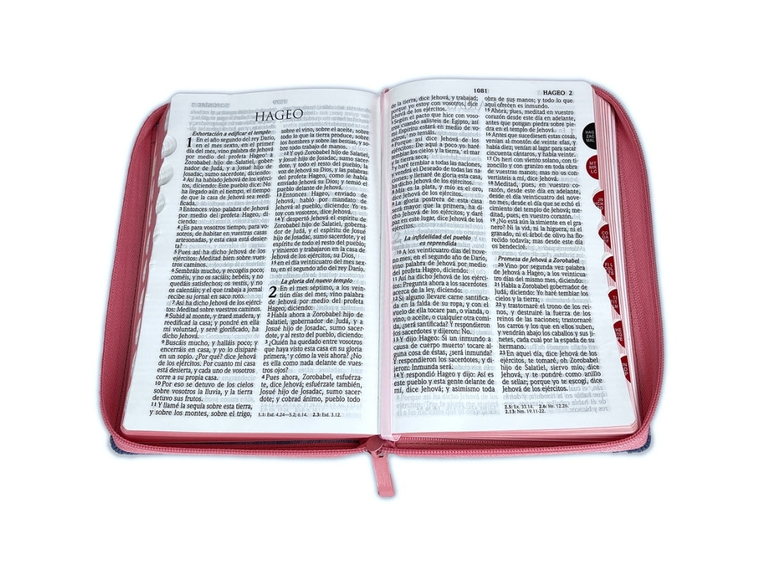 Biblia RV1960 Letra Grande con cierre e índice, mezclilla azul y rosa