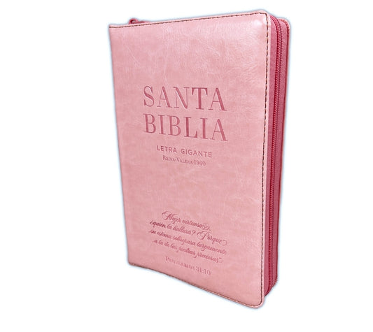 Biblia RV1960 Letra Gigante Manual con cierre e índice, piel rosa - Mujer Virtuosa