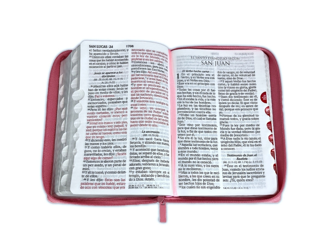 Biblia RV1960 Letra Gigante Manual con cierre e índice, piel rosa - Mujer Virtuosa