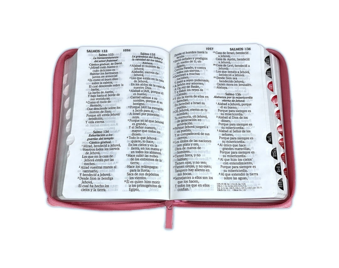 Biblia RV1960 Letra Gigante Manual con cierre e índice, piel rosa - Mujer Virtuosa