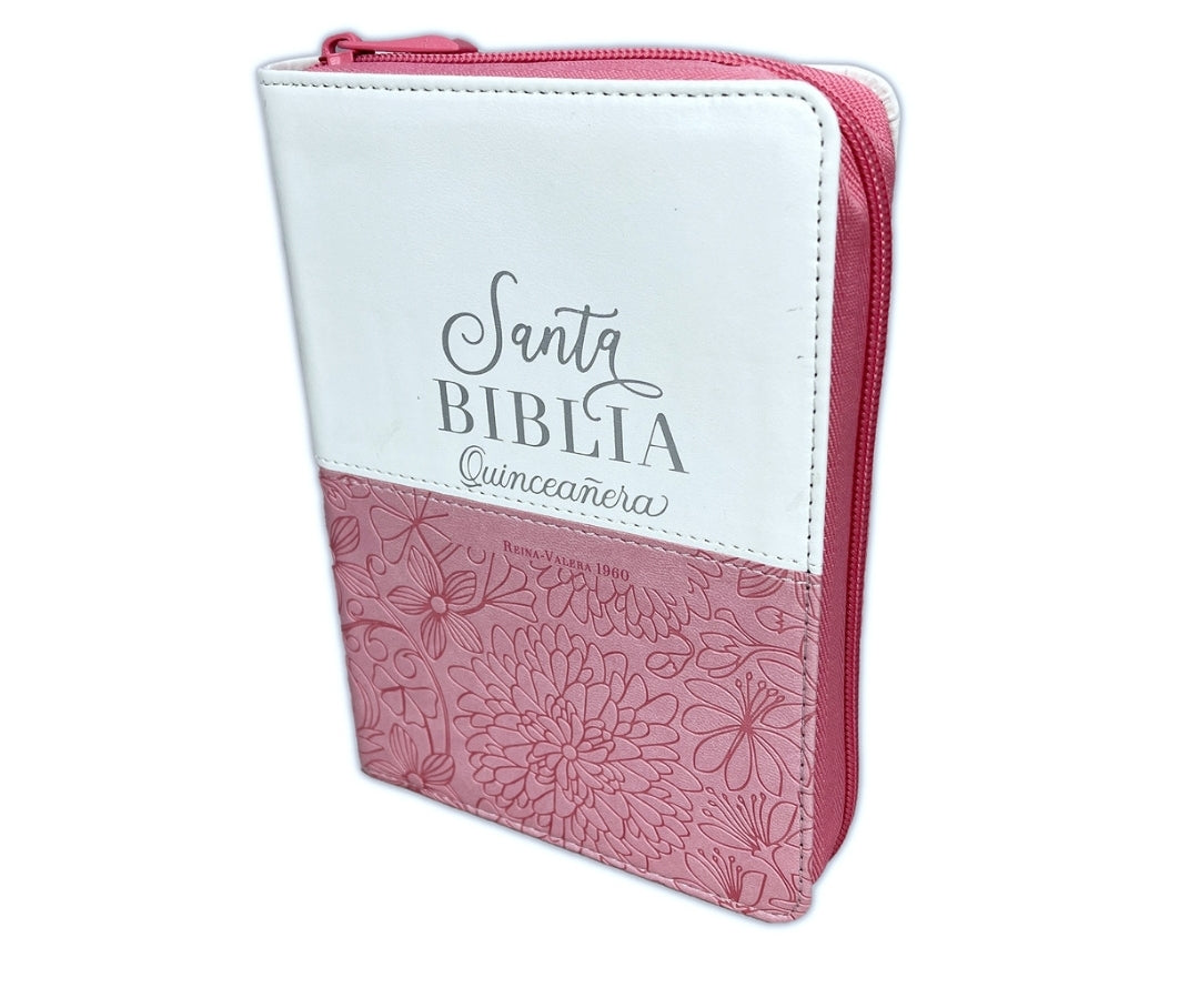 Biblia RV1960 Letra chica "Quinceañera", compacta con cierre e índice, piel duotono rosa y blanco - Engañosa es la gracia