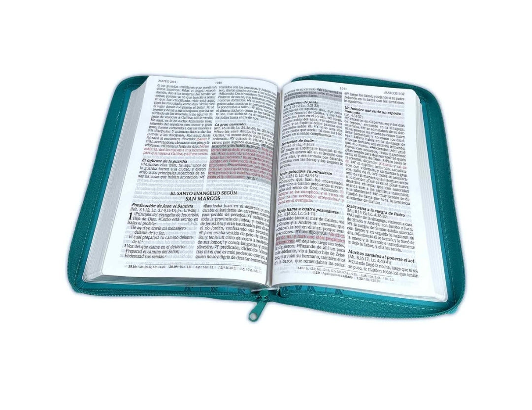 Biblia RV1960 Letra gigante, "Promesas", con cierre, piel turquesa