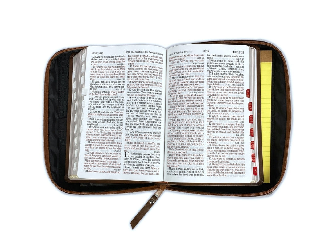 Biblia Inglés KJV "My Organizer Bible" con cierre e índice, piel café.