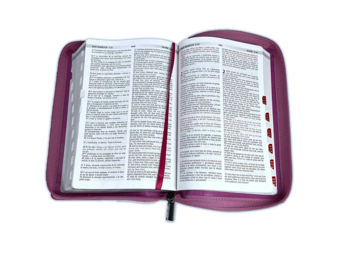 Biblia Bilingüe RV1960-KJV con cierre e índice, piel rosa