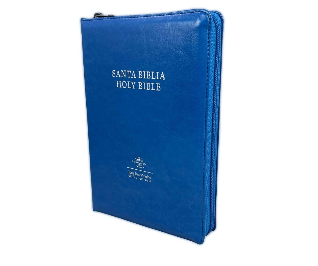 Biblia Bilingüe RV1960-KJV, con cierre e índice, piel azul