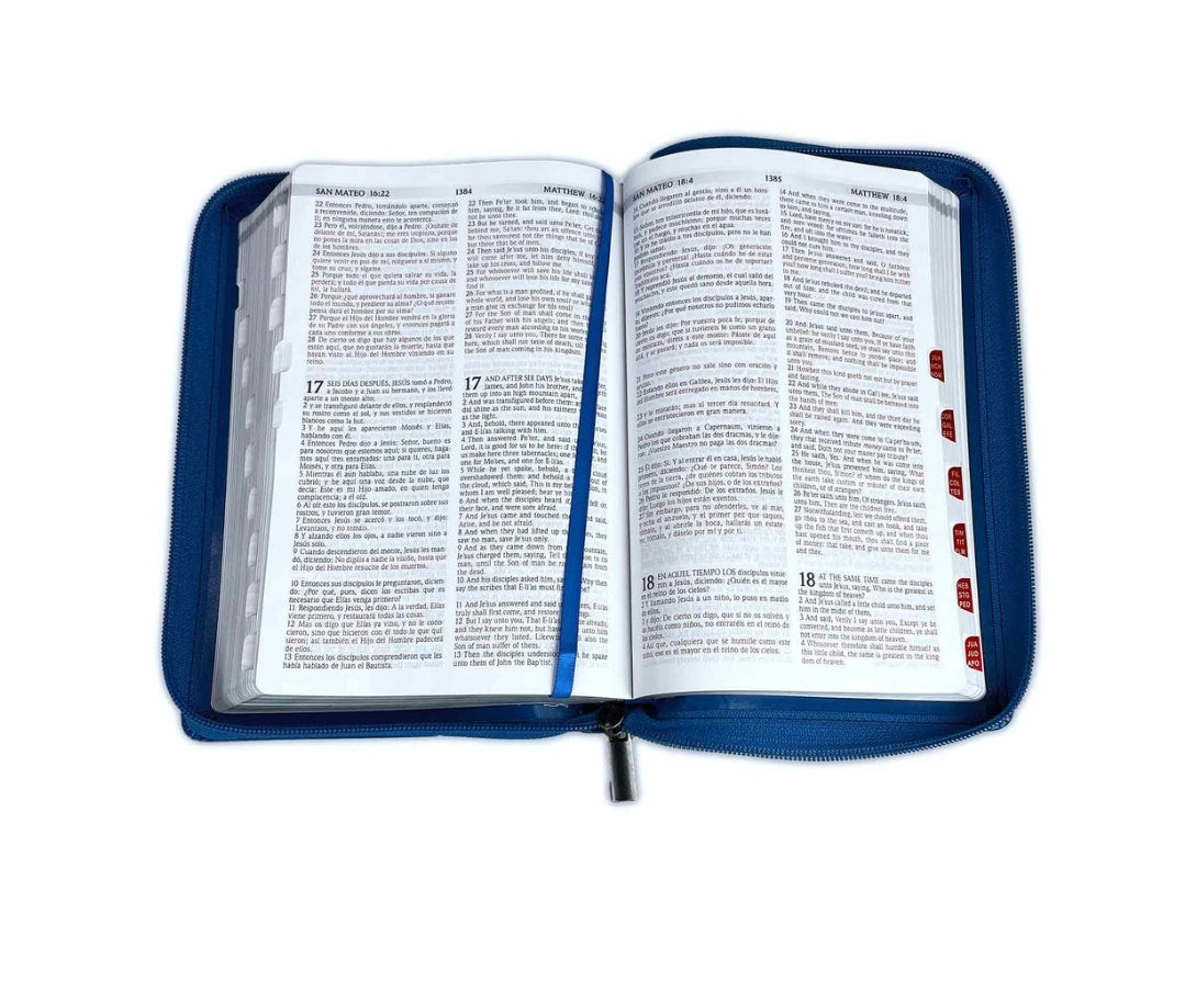 Biblia Bilingüe RV1960-KJV, con cierre e índice, piel azul