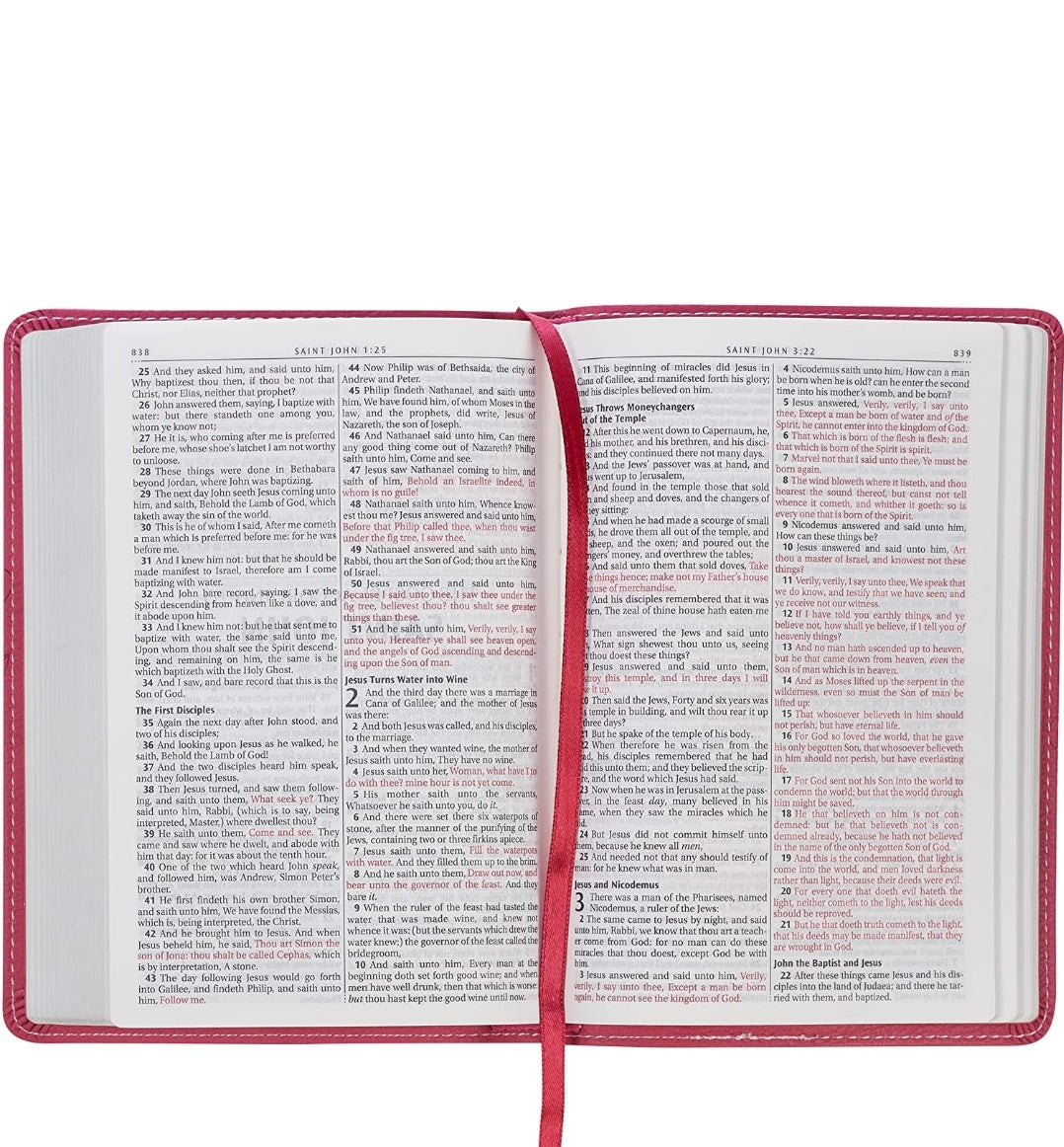 Biblia Inglés KJV, compacta, piel fucsia floral.