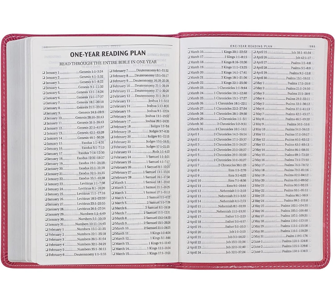 Biblia Inglés KJV, compacta, piel fucsia floral.